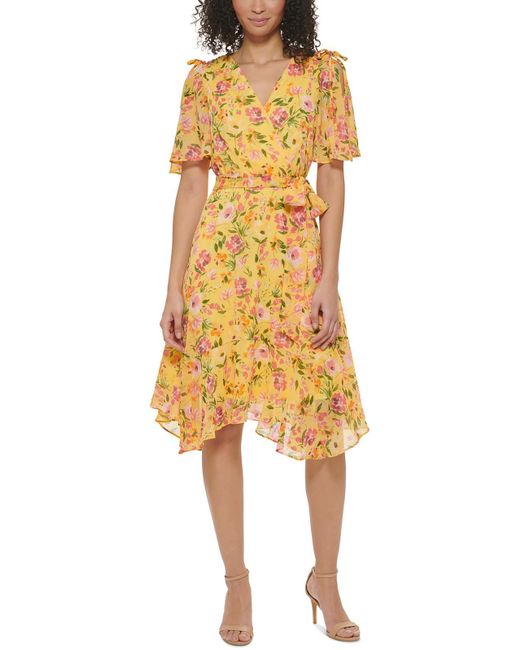 Jessica Howard Yellow Petites Floral Chiffon Midi Dress