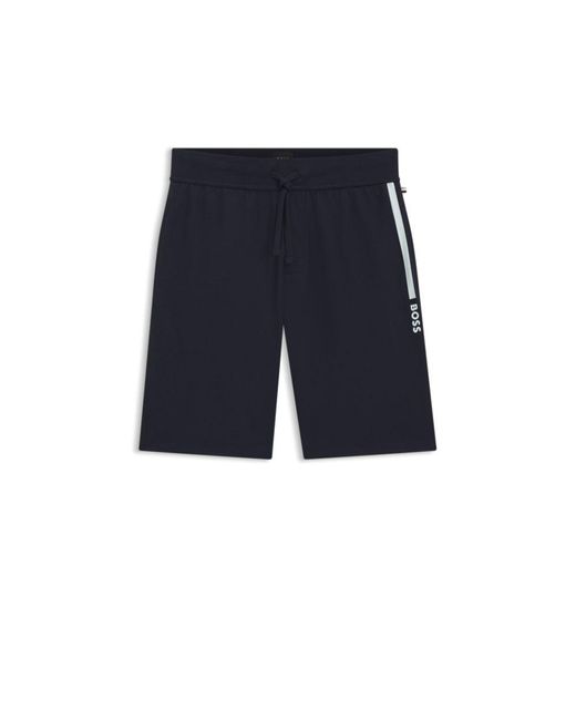 Boss Blue Cotton-Terry Shorts With Contrast Stripe And Logo for men