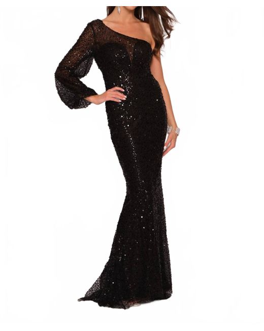Dave & Johnny Black One Shoulder Long Sleeve Prom Dress