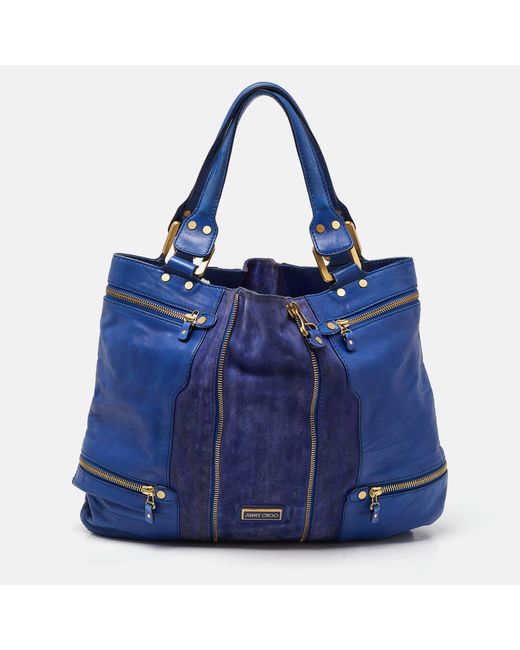 Jimmy Choo Blue Leather And Suede Mandah Expandable Bag