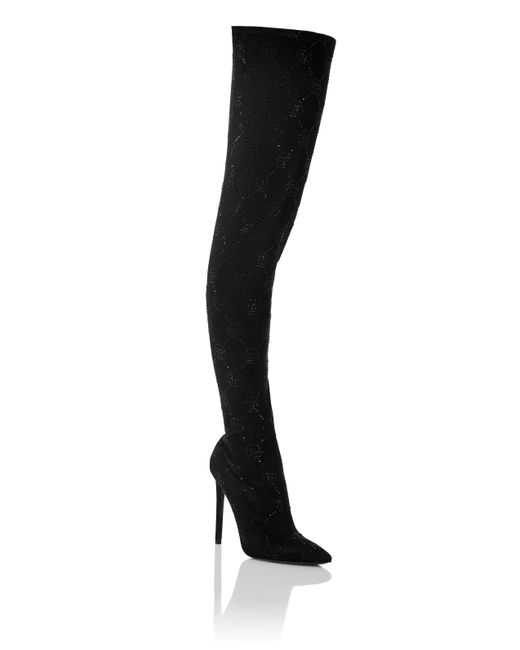 Philipp Plein Black Suede Stretch Boots Hi-Heels Plein Overknees Monogram