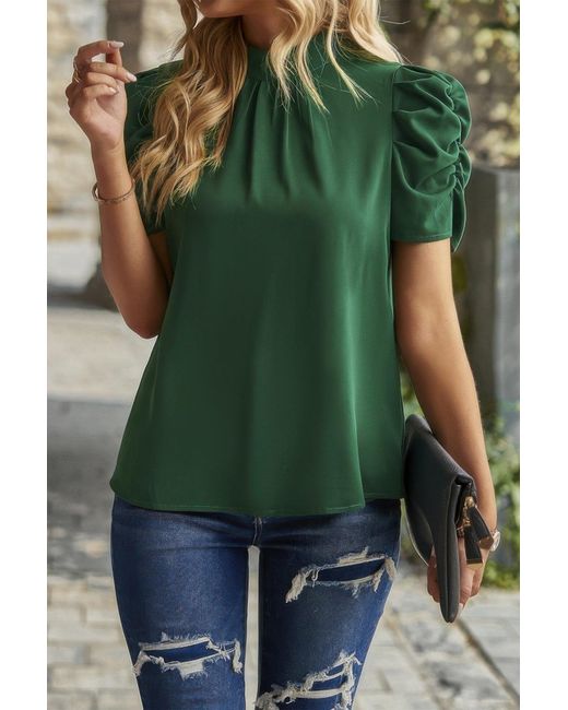 TRUEDAMES Green Solid Puff Short Sleeve Mock Neck Pleated T Shirt