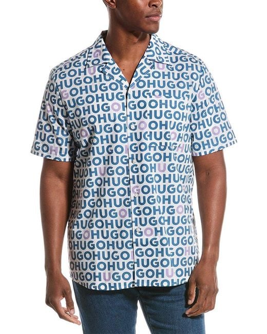 Boss Blue Logo Print Straight Fit Woven Shirt for men