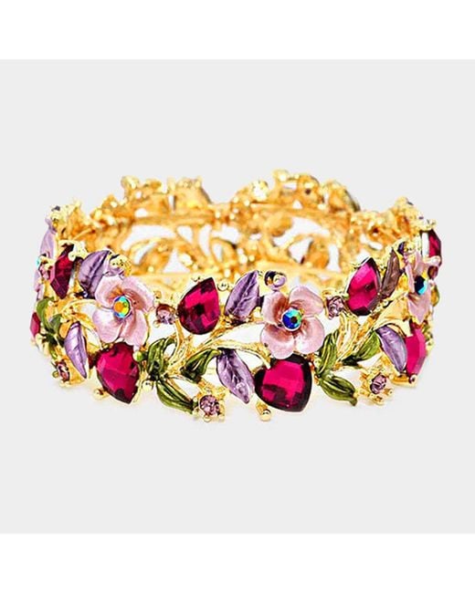 Fashnzfab Pink Glass Crystal Metal Flower Leaf Evening Bracelet