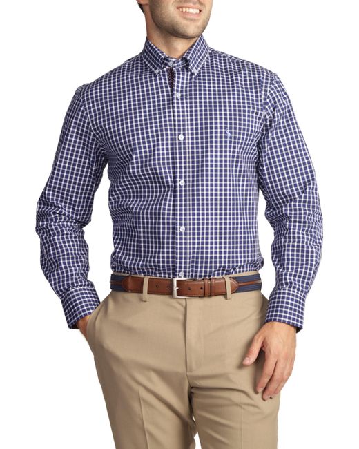 Tailorbyrd Blue Navy Mini Windowpane Cotton Stretch Long Sleeve Shirt for men