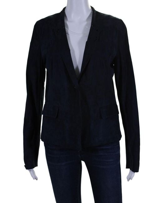 Not Available Blue Elie Tahari One Button Laser Cut Trim Marielle Suede Jacket