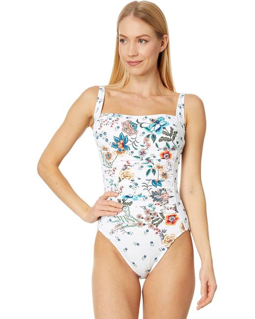 Johnny Was Blue Ruched One-piece Swimsuit White Floral