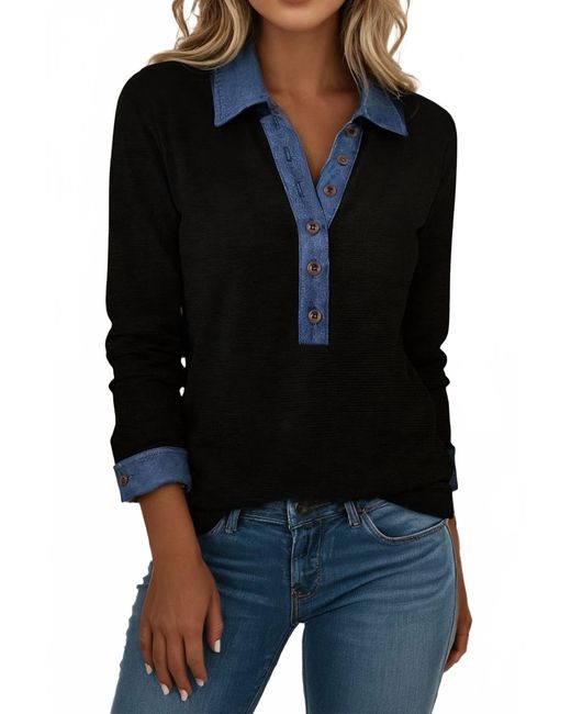 Shewin Black Denim Patchwork Top