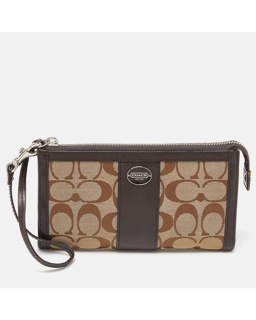COACH Brown /beige Signature Canvas And Leather Zip Wristlet Pouch