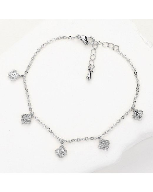 Fashnzfab White Brass Metal Quatrefoil Charm Station Bracelet Clear