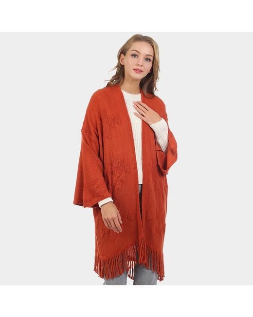 TRUEDAMES Red Aztec Patterned Fringe Poncho
