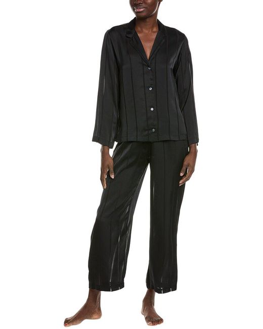 Natori Black 2Pc Sheer Stripe Jacquard Notch Pajama Set