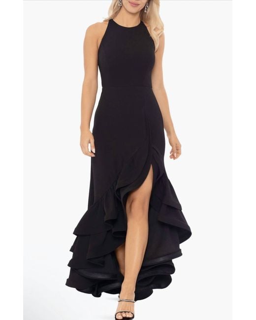 Betsy & Adam Blue Arielle Scuba Crepe Ruffle Slit Gown