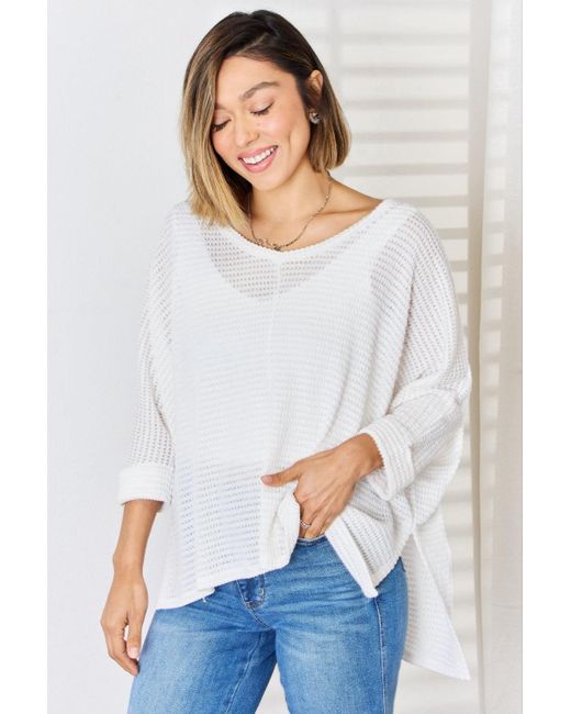 TRUEDAMES White Full Size Waffle Knit V-Neck Long Sleeve Slit Top