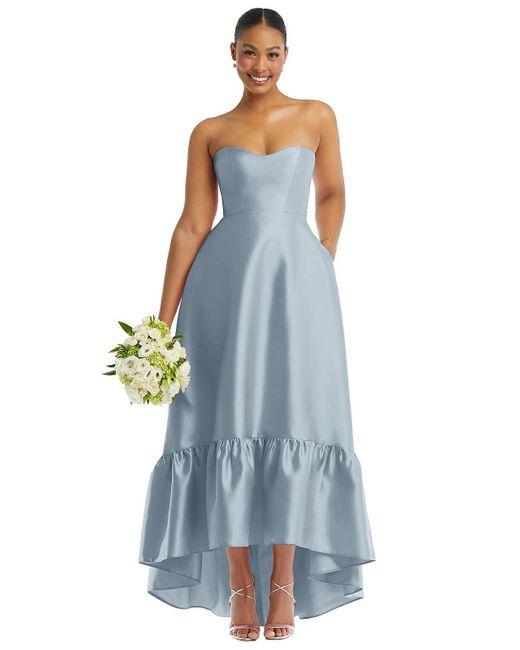 Alfred Sung Blue Strapless Deep Ruffle Hem Satin High Low Dress With Pockets