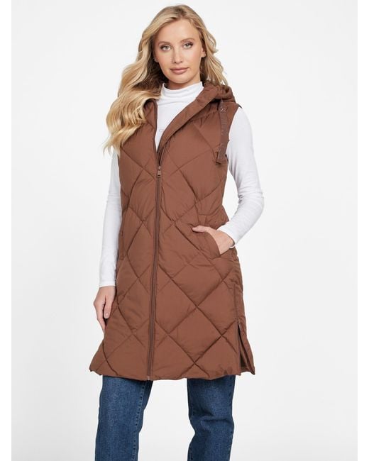 Guess Factory Eco Venna Longline Puffer Vest in Brown Lyst