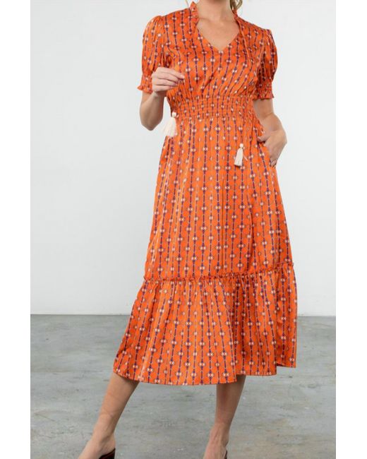 Thml Orange Chain Pattern Smocked Dress