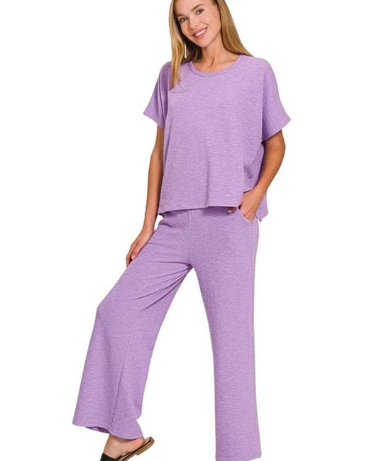 TRUEDAMES Purple Cotton Slub Top & Pants Set