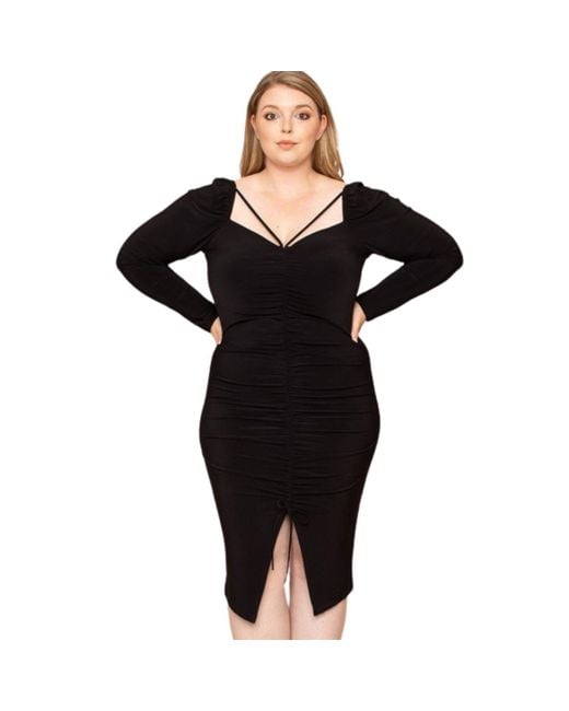 TRUEDAMES Black Deep Round Neck Shirring Detailed Back Plus Size Dress