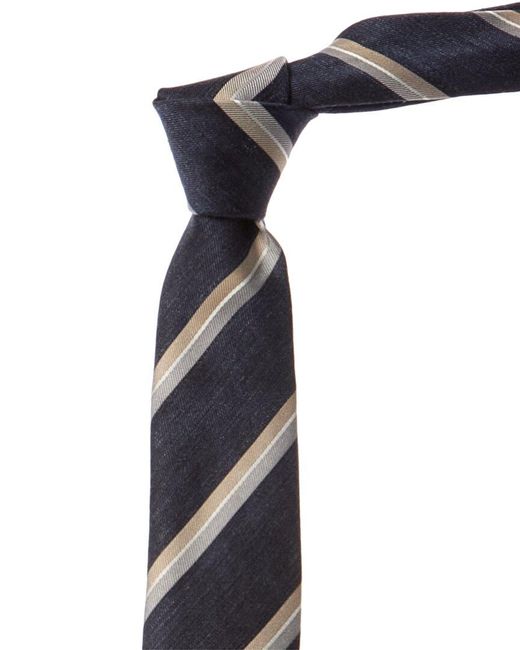 Brunello Cucinelli Blue Denim Diagonal Stripe Silk & Linen-blend Tie for men