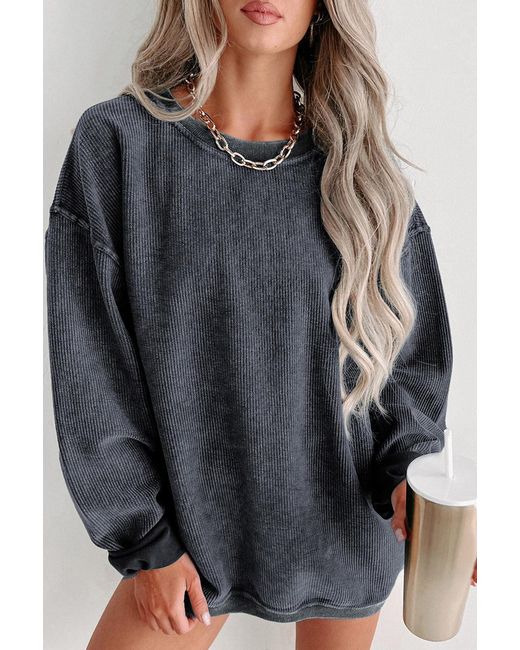 TRUEDAMES Gray Solid Ribbed Knit Round Neck Pullover Sweatshirt