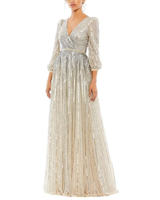Mac Duggal White Sequined Wrap Over 3/4 Sleeve Gown