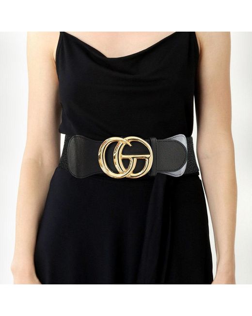 Fabulous metal stretch belt Women Black Elastic Belt Paisley Double Silver Metal Buckle  main image 2