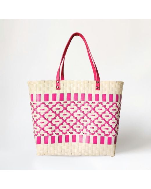 Fashnzfab Pink Quatrefoil Patterned Basket Weave Tote Bag Shoulder Bag