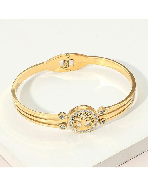 Fashnzfab Metallic Stainless Steel Tree Of Life Cz Stone Accent Hinged Bangle Bracelet