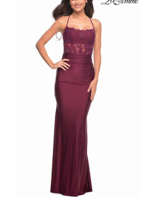 La Femme Embroidered Jersey Prom Gown