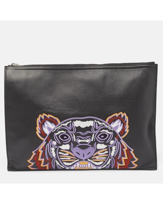 KENZO Metallic Tiger Embroidered Leather Zip Flat Pouch