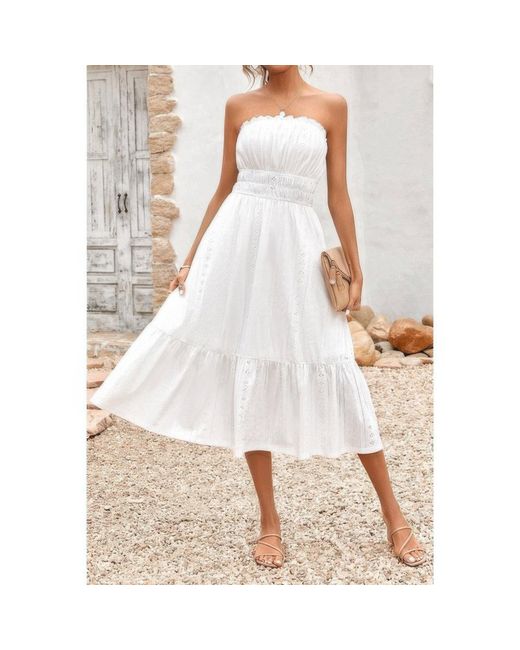 TRUEDAMES White Solid Off Shoulder Elasit Waist Ruffle Dress