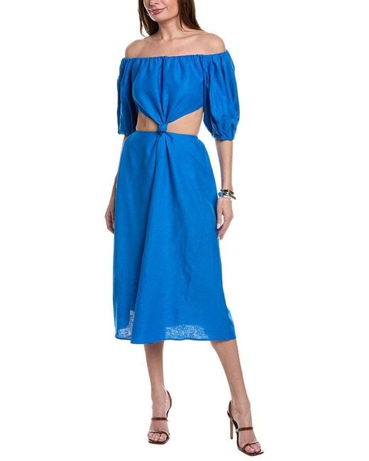 Farm Rio Blue Cutout Waist Linen-blend Midi Dress