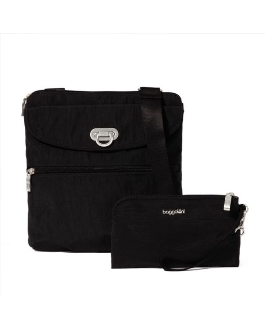 Baggallini Black Coastal Flip Lock Slim Crossbody Bag With Wristlet