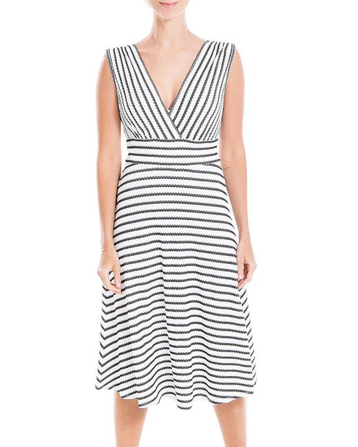 Max Studio White Striped V-neck Fit & Flare Dress