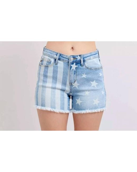 Judy Blue Blue Mid Rise Stars & Stripes Bleach Denim Short