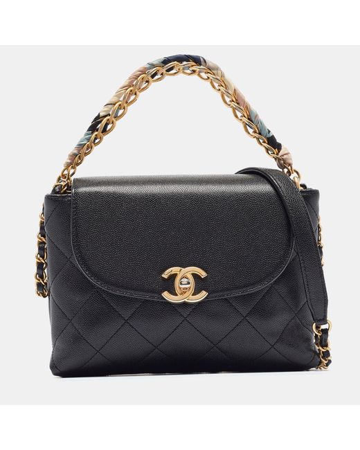 Chanel Blue Quilted Leather Cc Chain Scarf Top Handle Bag