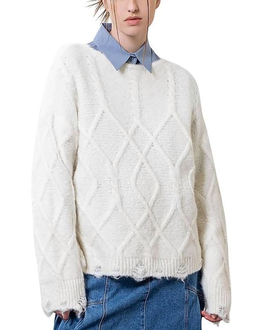 Moon River White Destroyed Cable Sweater