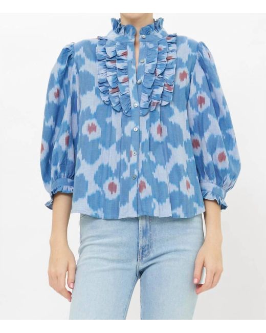 Oliphant Blue Ruffle Front Button Blouse