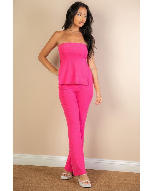 TRUEDAMES Pink Ribbed Side Slit Bandeau Top & Flare Pants Set
