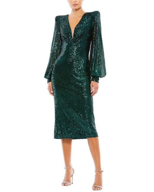 Mac Duggal Green Sequined Structure Bishop Sleeve Column Dress
