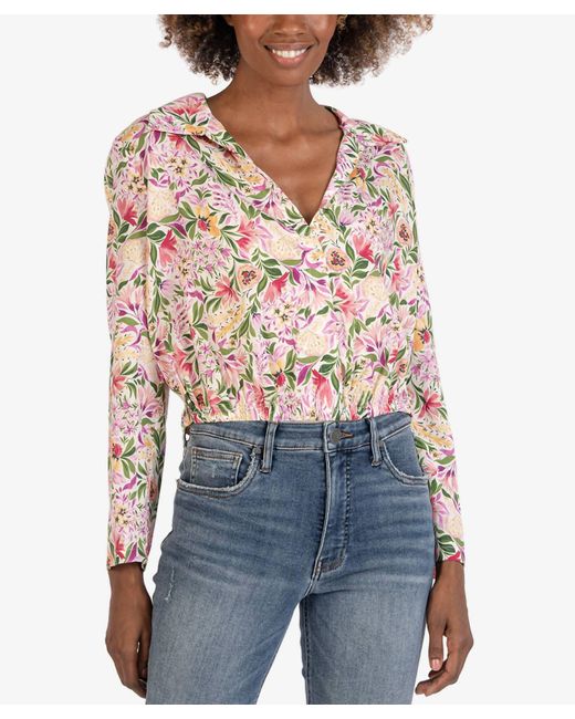 Kut From The Kloth Blue Floral V-neck Blouse
