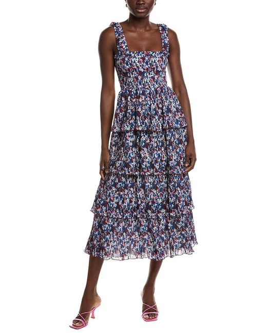 Ganni Pleated Georgette Flounce Smock Midi Dress in Blue