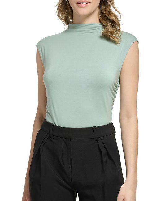Calvin Klein Green Ruched Side Mock Neck Pullover Top
