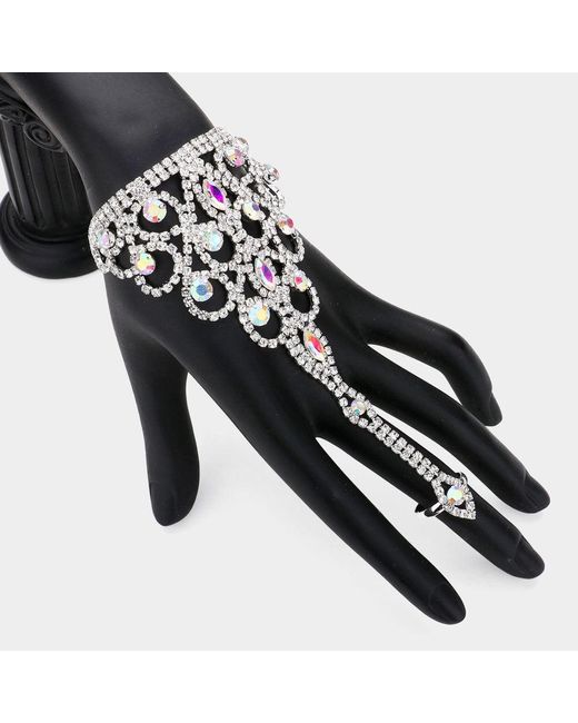 Fashnzfab Black Crystal Round Marquise Rhinestone Pave Hand Chain Evening Bracelet Ab