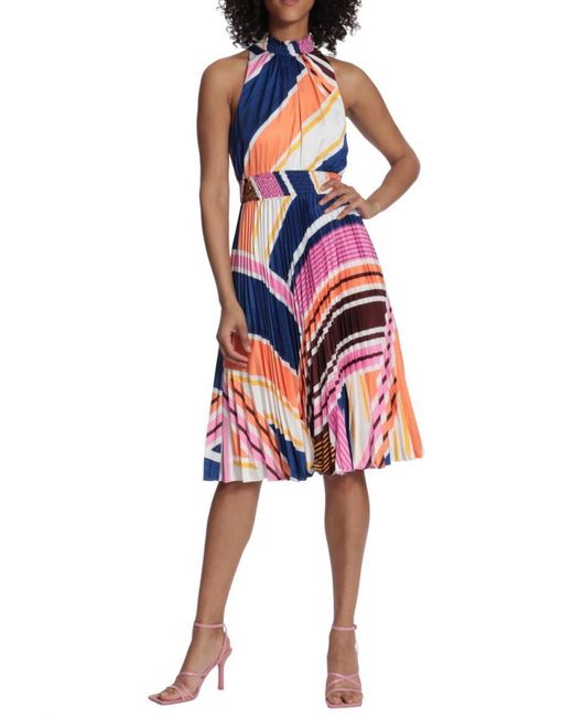 Maggy London Red Print High Neck Pleated A-Line Dress