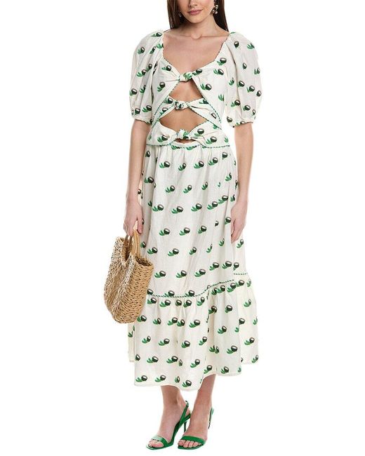 Farm Rio White Cross Stitch Coconut Embroidered Linen-blend Midi Dress
