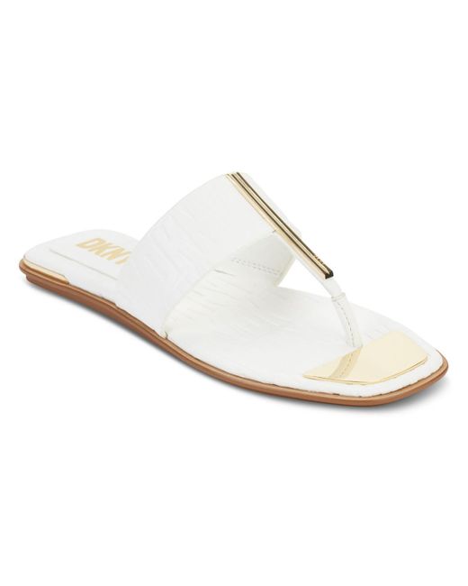 DKNY White Deja Faux Leather Square Toe Thong Sandals