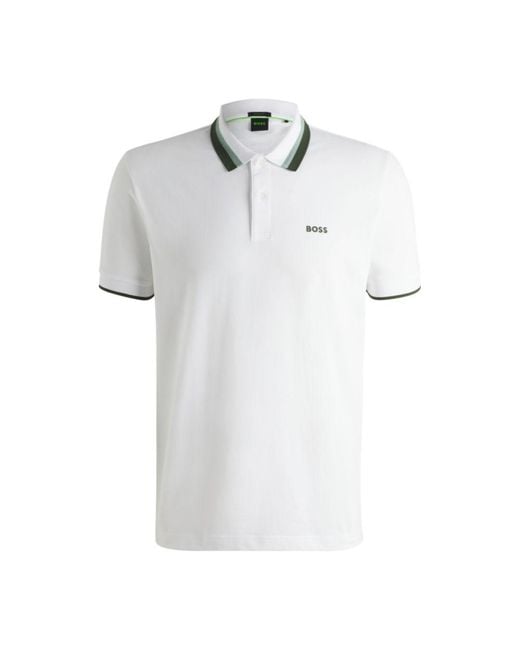 Boss White Paddy Active Polo Shirt With Contrast Stripes for men