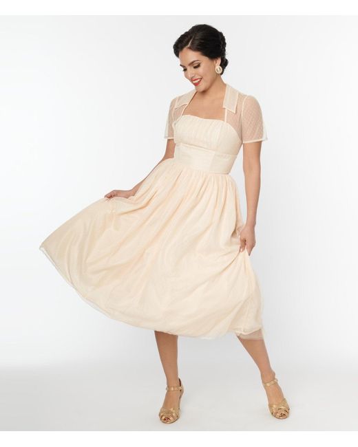 Unique Vintage Natural Peach Clip Dot Bridal Libby Swing Dress